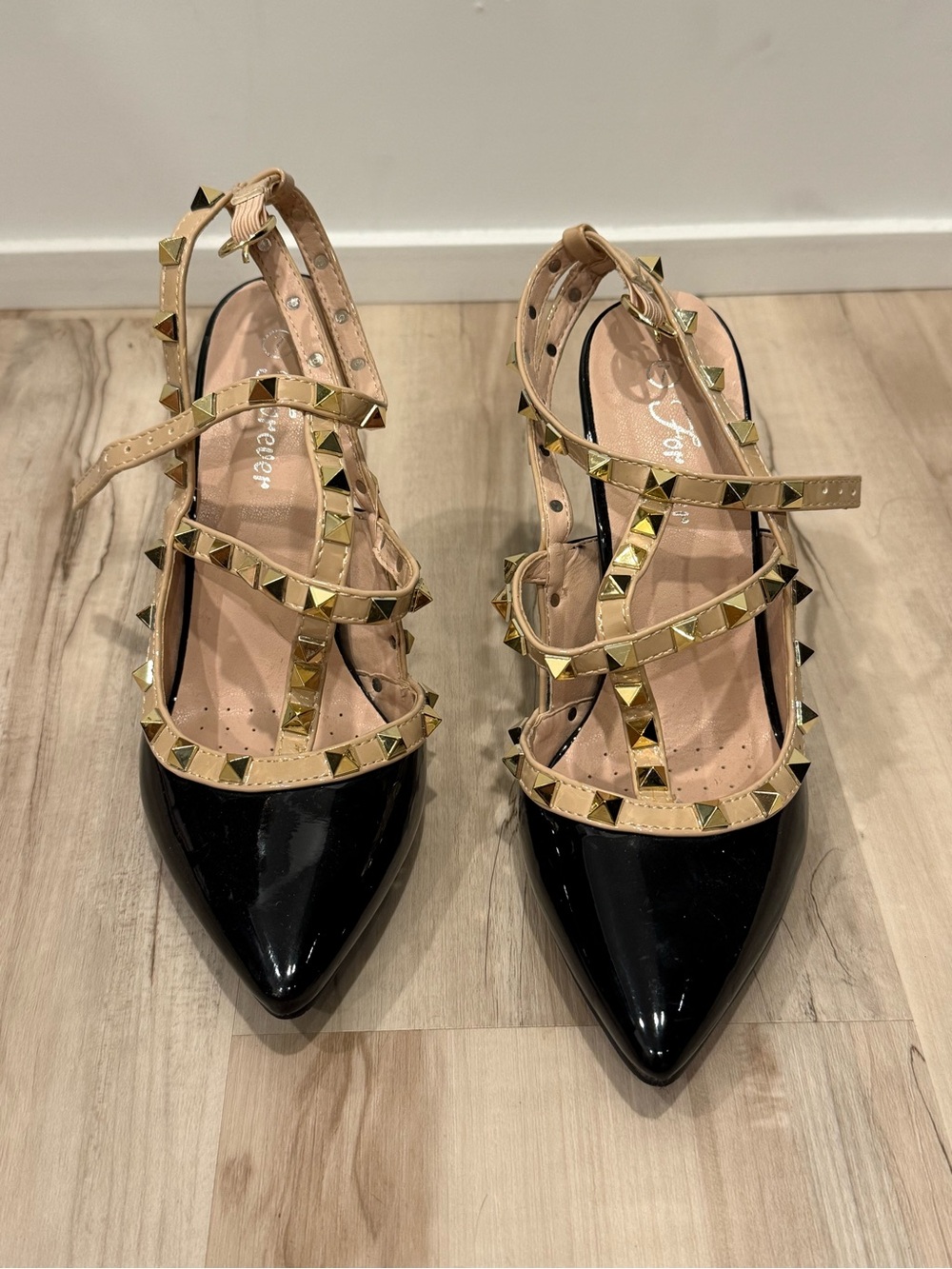 Studded Pointed-Toe Heels - Black and Beige